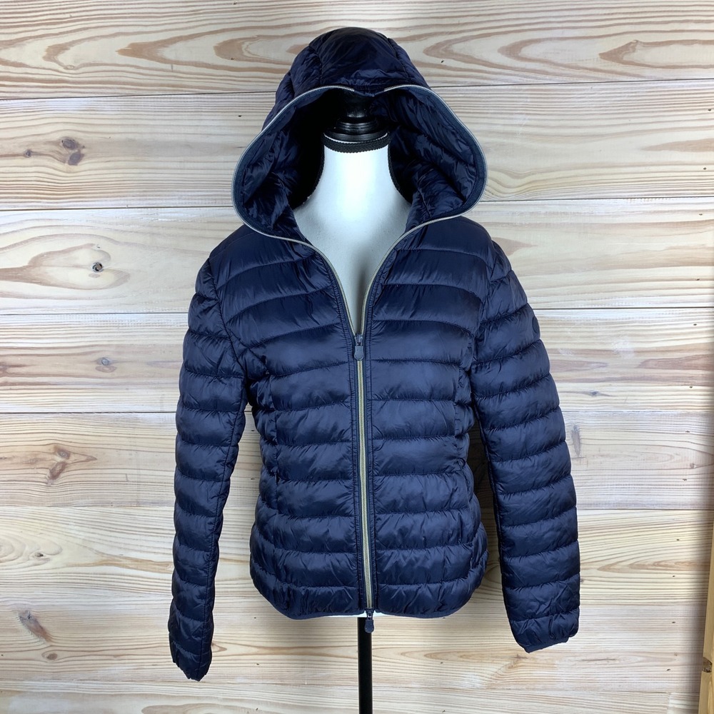 Save The Duck Puffer Jacket Women Medium Ultra Light Hooded Animal Free Coat